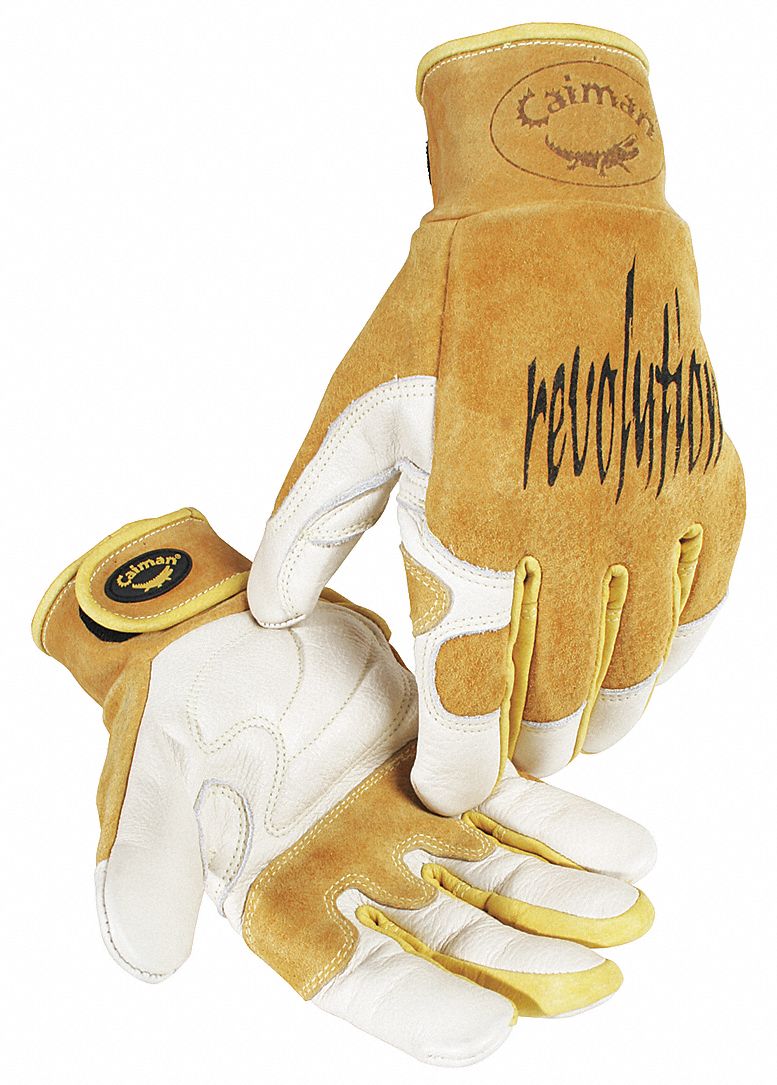 Welding Gloves: Wing Thumb, Hook-and-Loop Cuff, Premium, Tan Cowhide, Caiman® 1828, MIG/TIG, A, 1 PR
