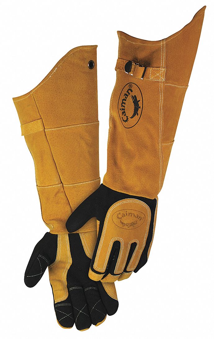 Welding Gloves: Wing Thumb, Extended Gauntlet Cuff, Premium, Black/Tan Deerskin, Caiman® 1878, 1 PR
