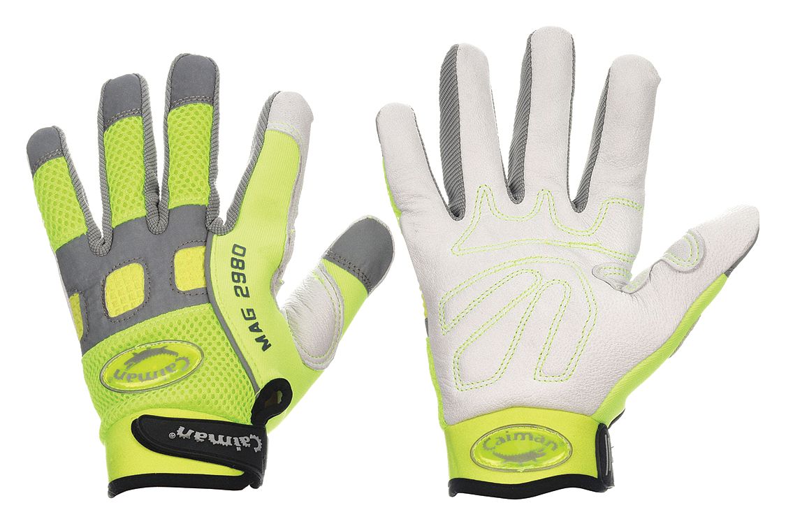 MECHANICS GLOVES, GOATSKIN, WHITE/HIGH VISIBILITY LIME, LEATHER PALM