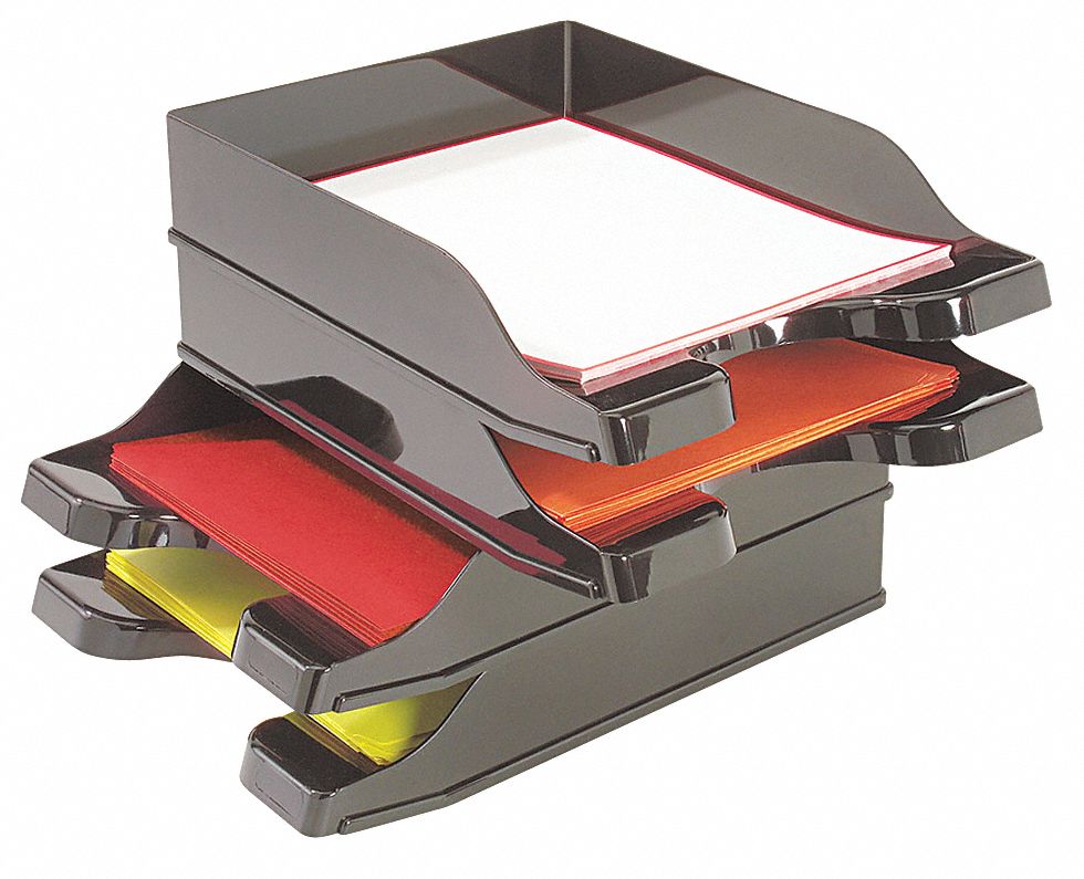 Letter Tray: Legal/Letter/A4 File Size, 2 Compartments, Black, 4 1/4 in Lg, 10 in Ht, 2 PK