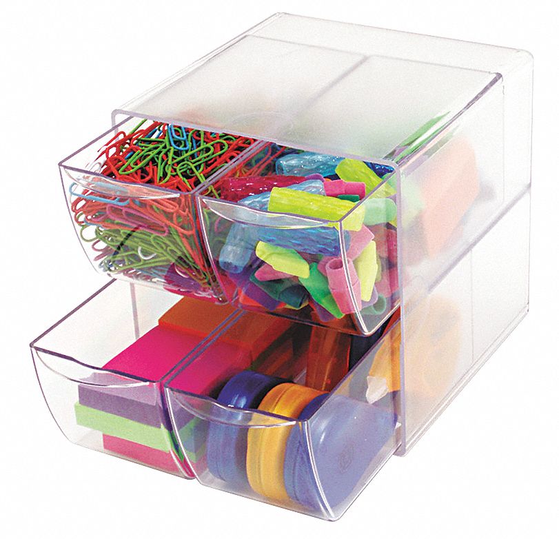 Desktop Organizer: 4 Compartments, Clear, Plastic, 6 in Ht, 6 in Wd, 7 1/8 in Dp