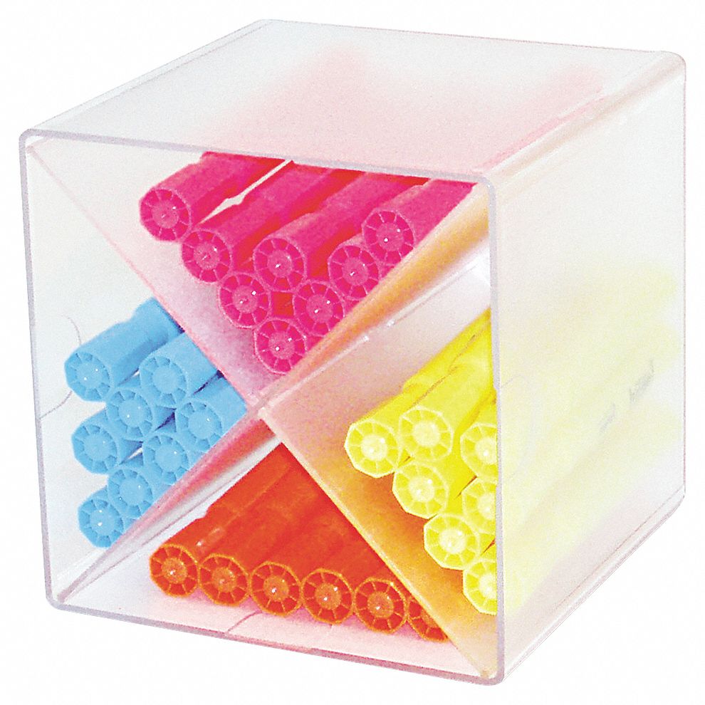 Desktop Organizer: 4 Compartments, Clear, Plastic, 6 in Ht, 6 in Wd, 6 in Dp