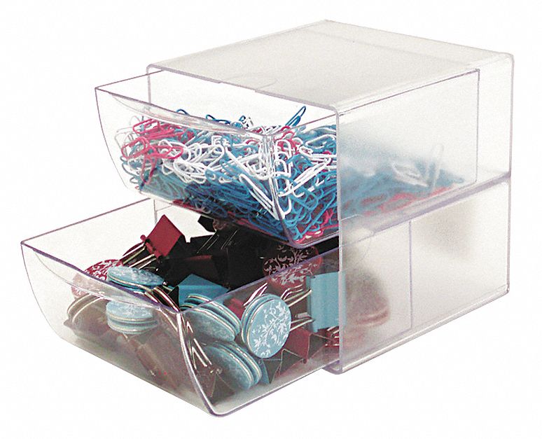 Desktop Organizer: 2 Compartments, Clear, Plastic, 6 in Ht, 6 in Wd, 7 1/8 in Dp