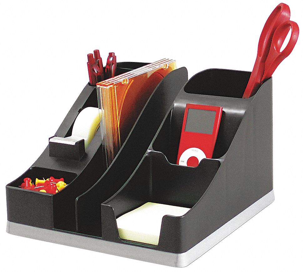 Desktop Organizer: 6 Compartments, Plastic, Black/Silver, 5 1/4 in Overall Ht