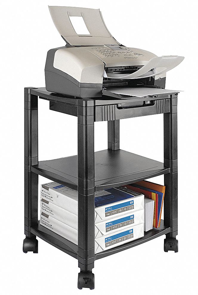 Mobile Printer Stand: Black, Plastic, 13 1/4 in Overall Dp, 24 1/4 in Overall Ht, 3 Shelves