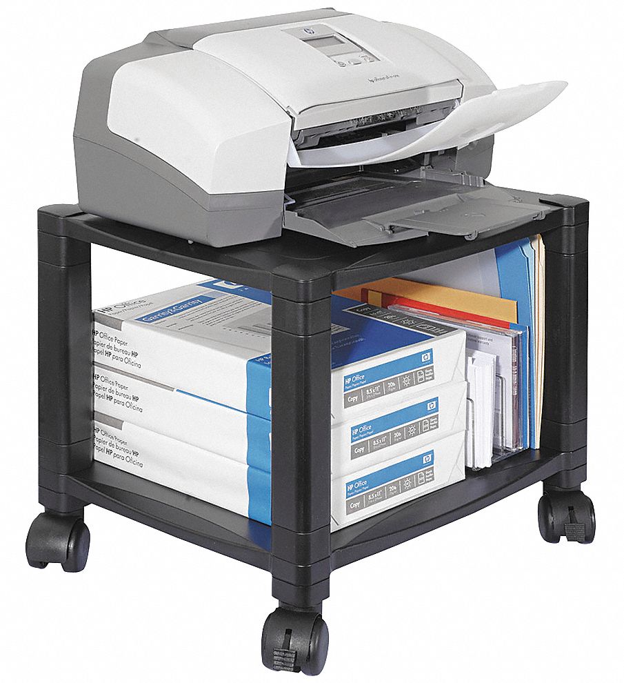 Mobile Printer Stand: Black, Plastic, 13 1/4 in Overall Dp, 14 1/4 in Overall Ht, 2 Shelves