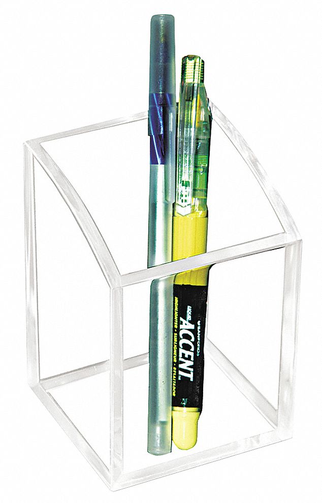 Pencil Cup: 1 Compartments, Clear, Acrylic, 4 in Ht, 2 3/4 in Wd, 2 3/4 in Dp
