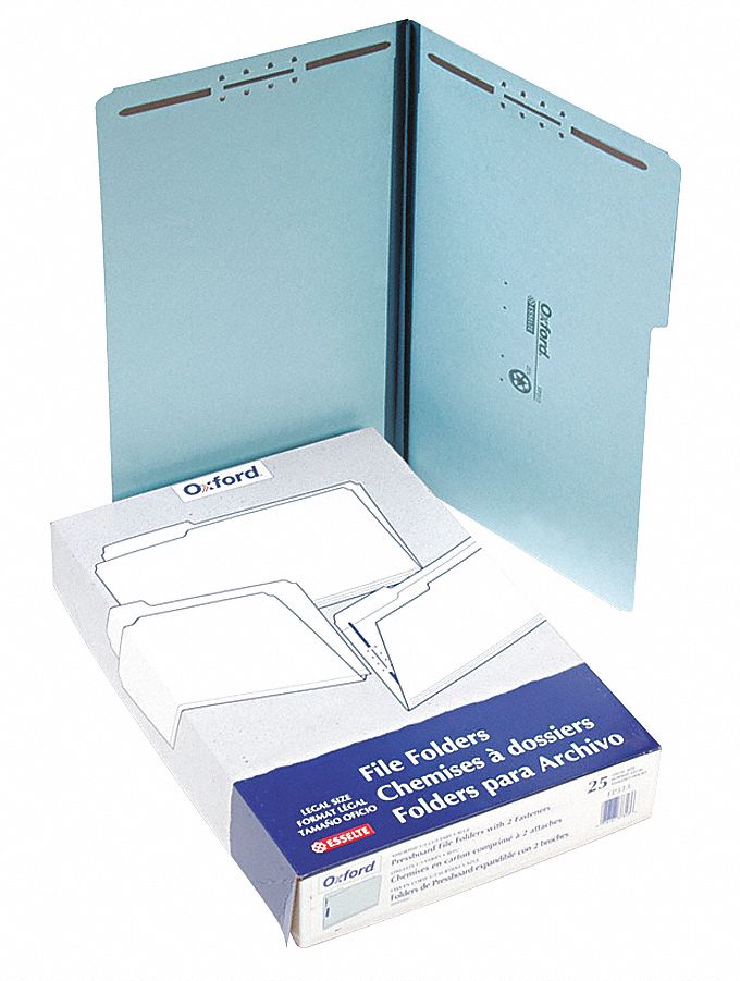 File Folders: 8 1/2 in Ht, 14 in Wd, Blue, 25 pt. Pressboard, 25 PK