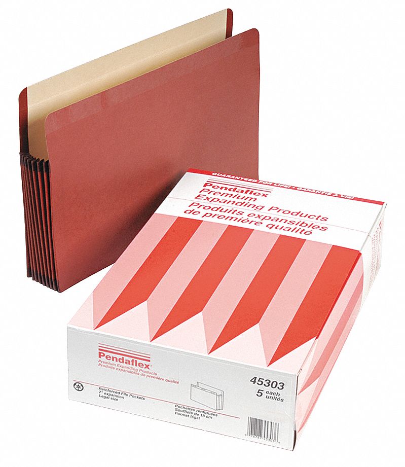 Expandable File Pocket: 9 1/2 in Ht, 14 3/4 in Wd, 14 pt. Red Fiber/Manila, Red, 5 PK