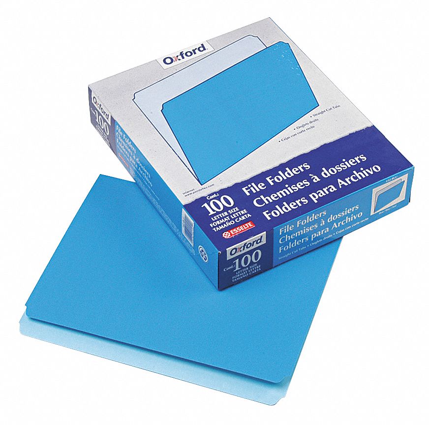 File Folders: 8 1/2 in Ht, 11 in Wd, Blue, 11 pt. Stock, Top Tab Location, 100 PK