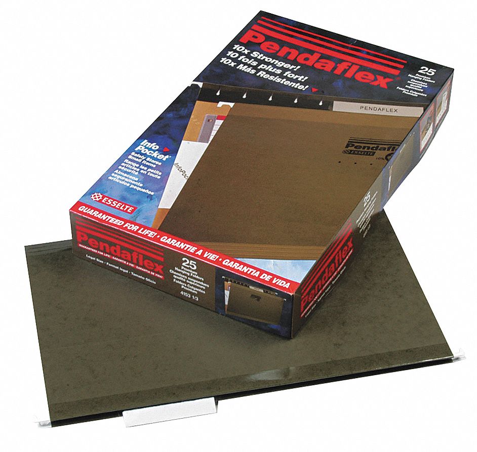 Hanging File Folders: 8 1/2 in Ht, 14 in Wd, 11 Pt. Stock, 3/4 in Expanded Dp, 25 PK