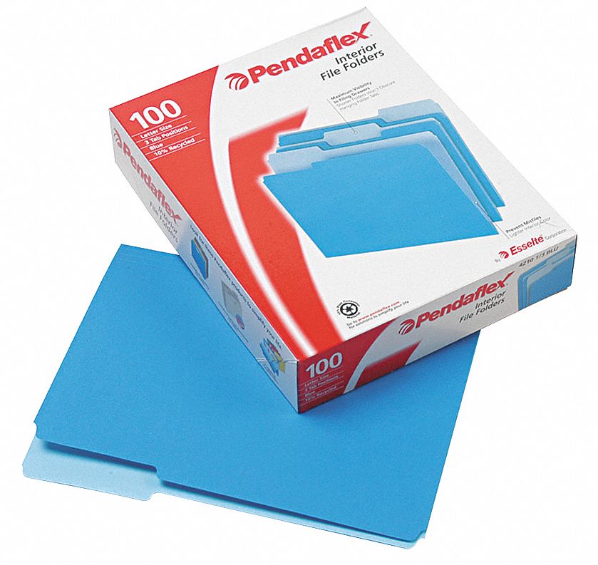 File Folders: 8 1/2 in Ht, 11 in Wd, Blue, 11 pt. Stock, Top Tab Location, 100 PK