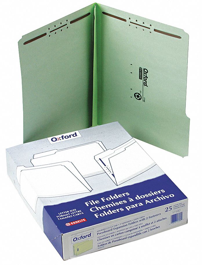 File Folders: 8 1/2 in Ht, 11 in Wd, Green, 25 pt. Pressboard, 25 PK