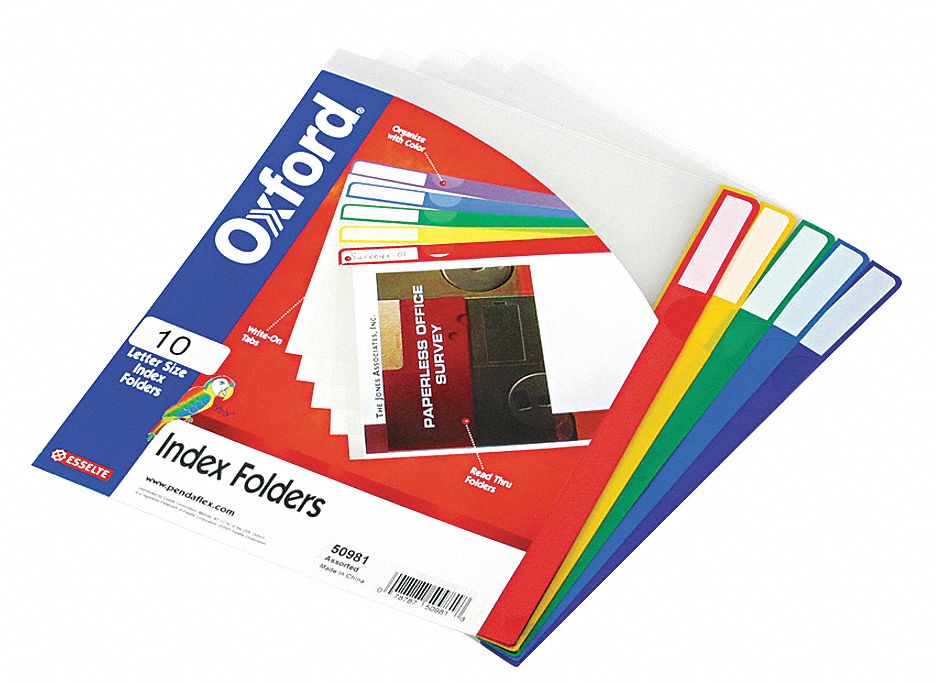 File Jacket: Plastic, 9 in Ht, 11 5/8 in Wd, Assorted, 10 PK