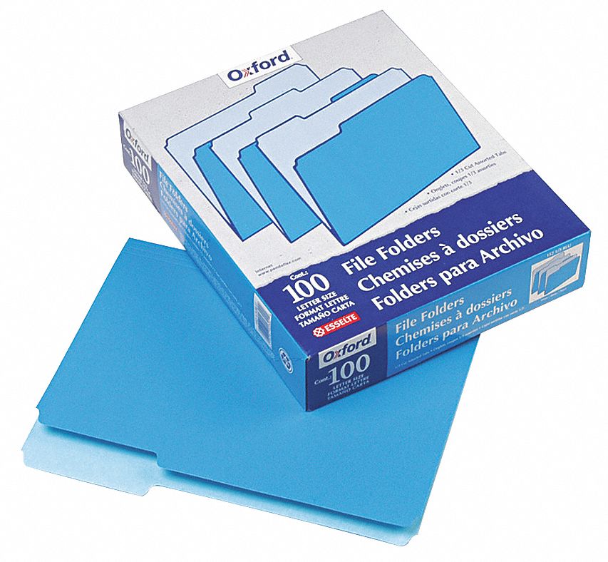 File Folders: 8 1/2 in Ht, 11 in Wd, Blue, 11 pt. Stock, Top Tab Location, 100 PK