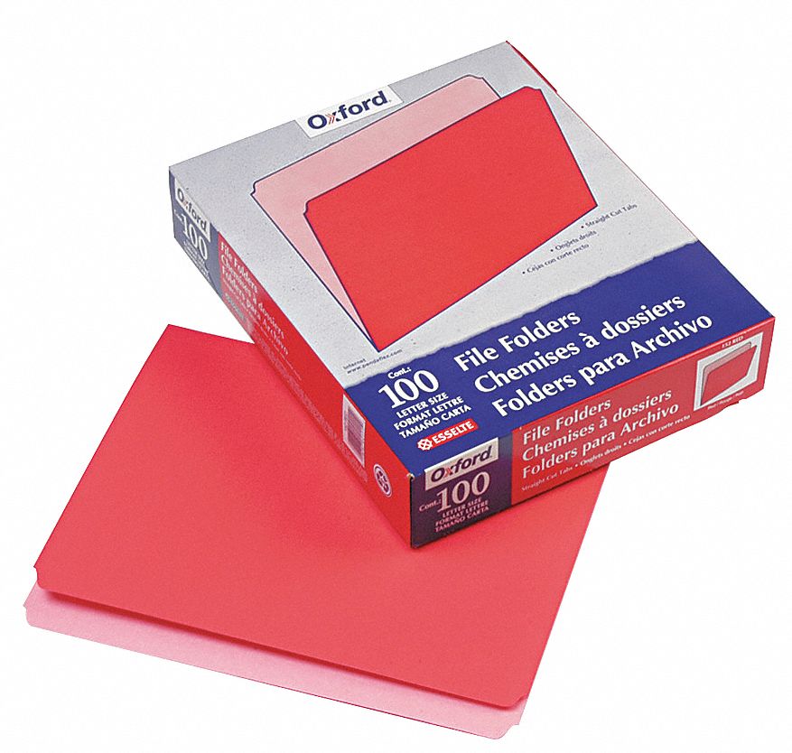 File Folders: 8 1/2 in Ht, 11 in Wd, Red, 11 pt. Stock, Top Tab Location, 100 PK