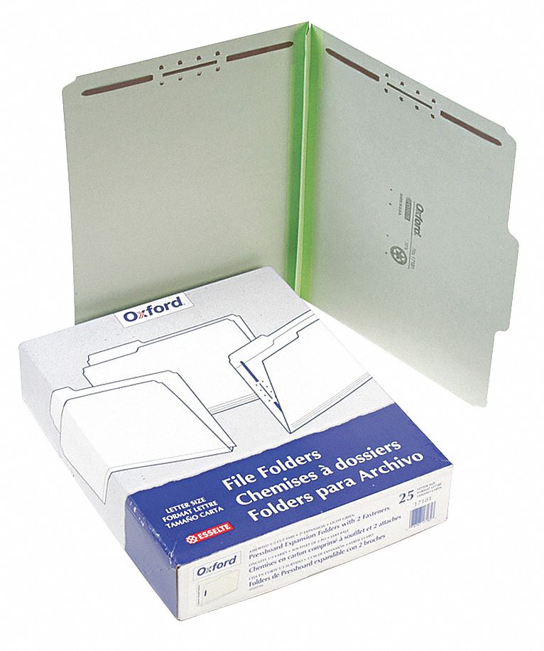 File Folders: 8 1/2 in Ht, 11 in Wd, Green, 25 pt. Pressboard, 25 PK