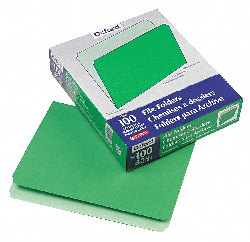 File Folders: 8 1/2 in Ht, 11 in Wd, Green, 11 pt. Stock, Top Tab Location, 100 PK