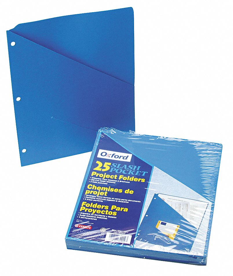 Pocket Folder: Paper, 11 3/8 in Ht, 9 3/8 in Wd, Blue, 1 Pockets, 25 PK