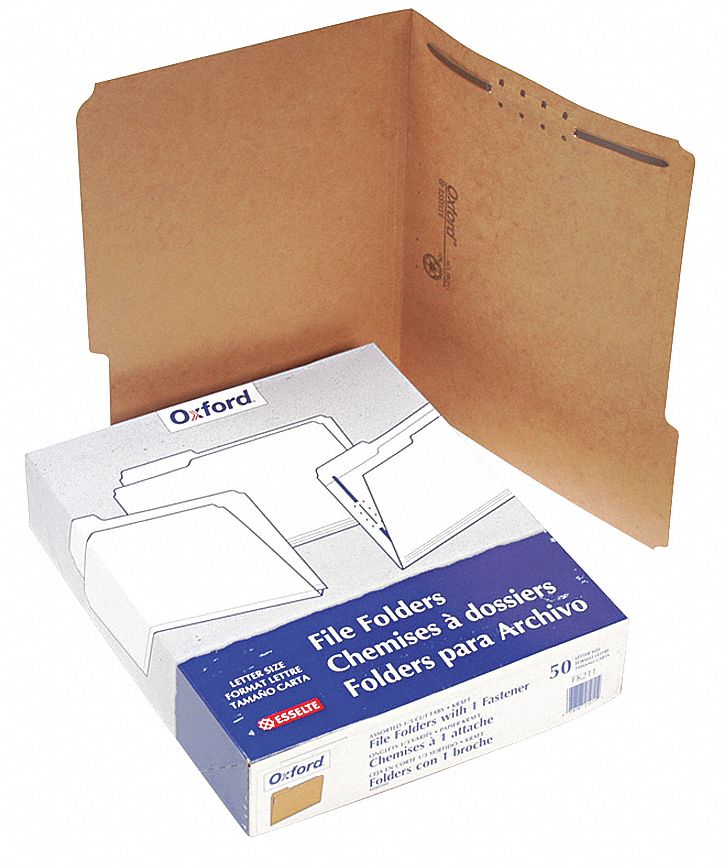 File Folders: 8 1/2 in Ht, 11 in Wd, Brown, 11 pt. Kraft, Top Tab Location, 50 PK