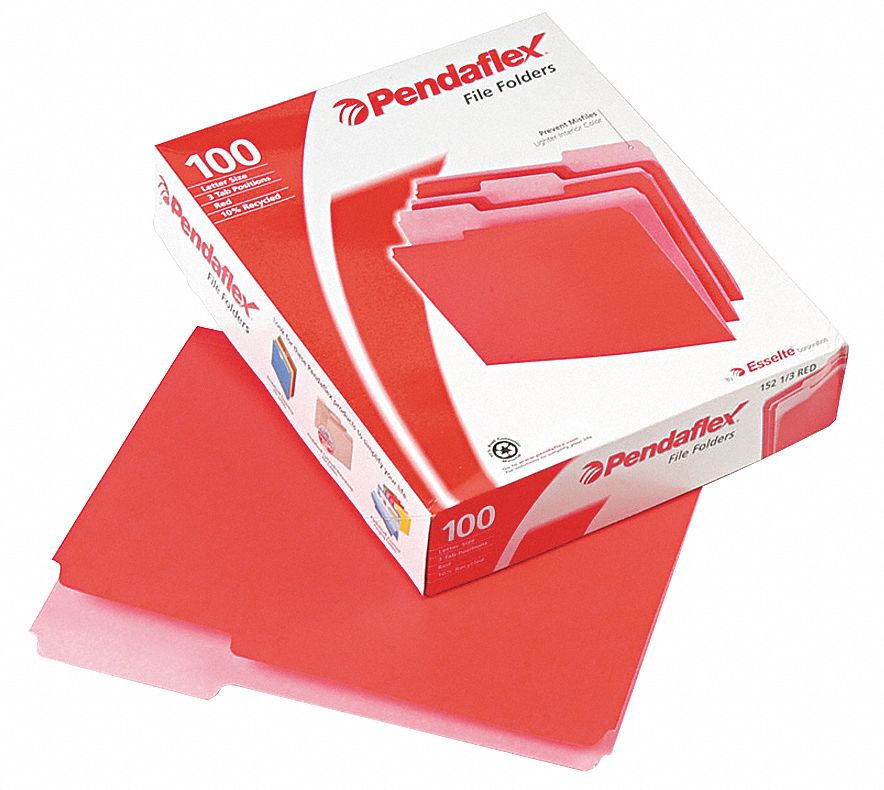 File Folders: 8 1/2 in Ht, 11 in Wd, Red, 11 pt. Stock, Top Tab Location, 100 PK