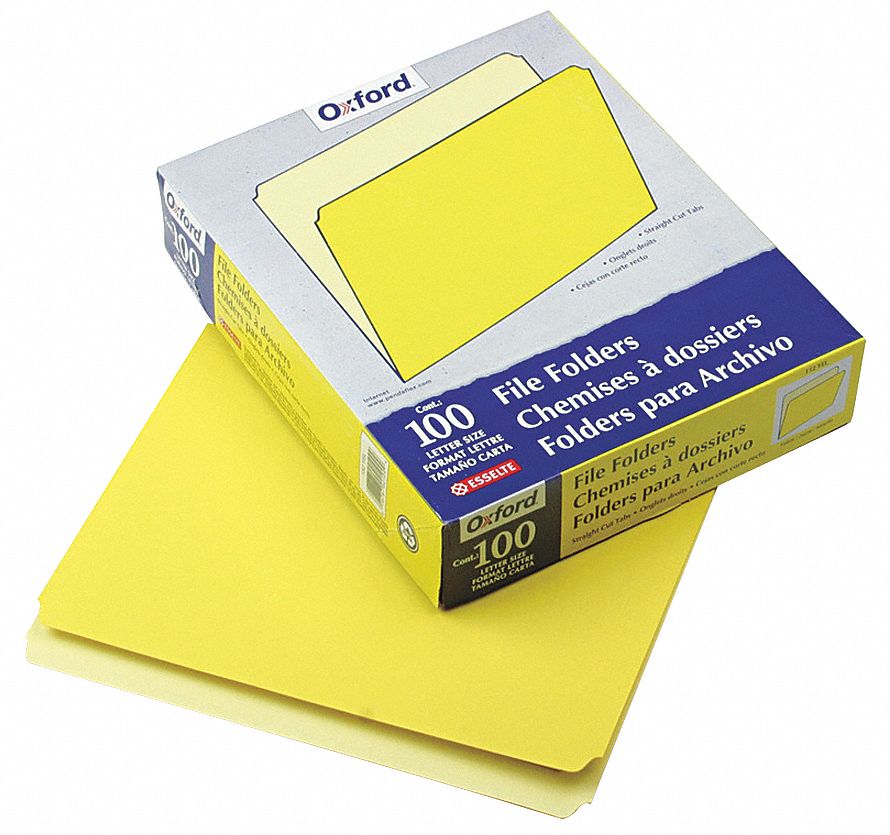 File Folders: 8 1/2 in Ht, 11 in Wd, Yellow, 11 pt. Stock, Top Tab Location, 100 PK