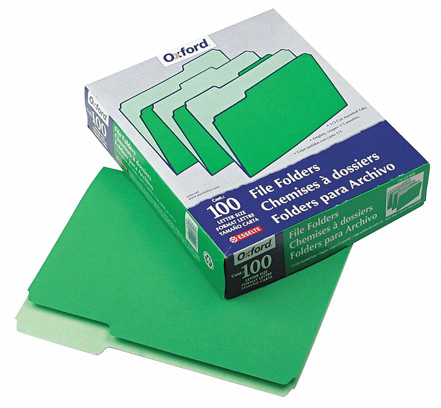 File Folders: 8 1/2 in Ht, 11 in Wd, Green, 11 pt. Stock, Top Tab Location, 100 PK