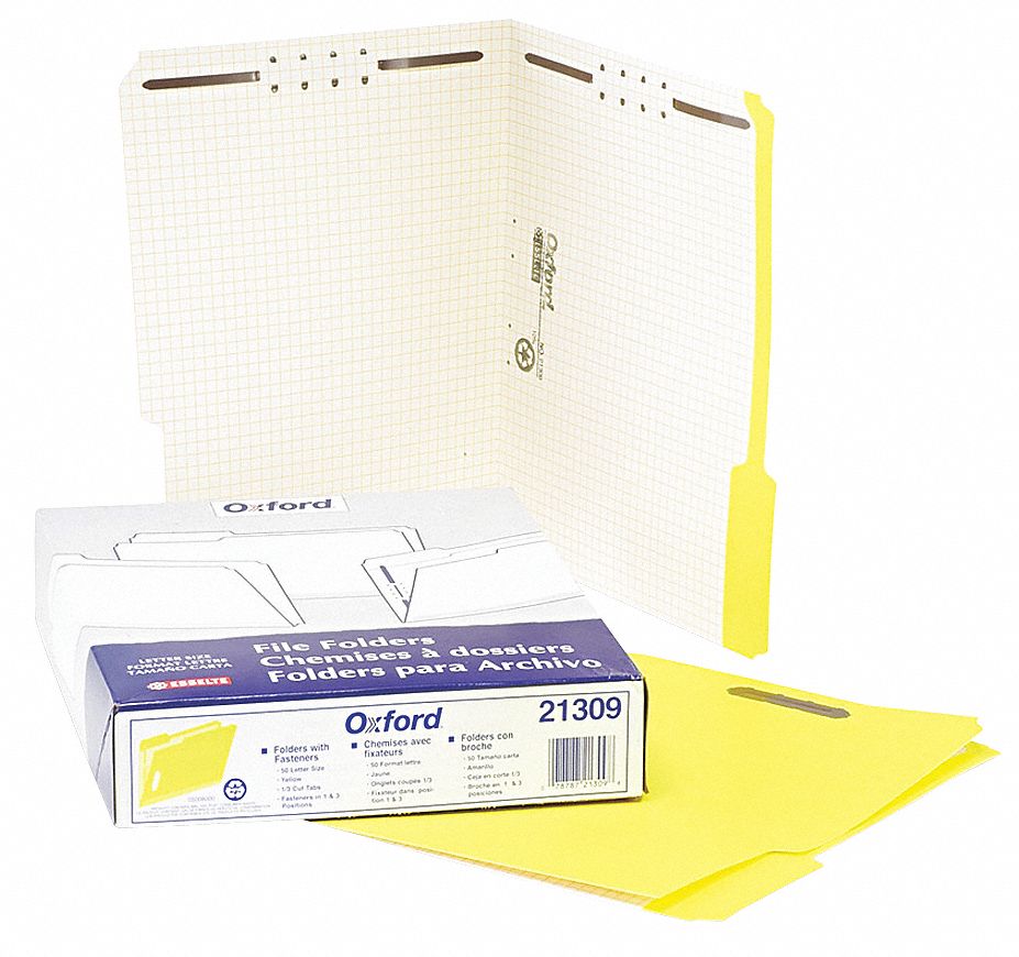 File Folders: 8 1/2 in Ht, 11 in Wd, Yellow, 11 pt. Stock, Top Tab Location, 50 PK