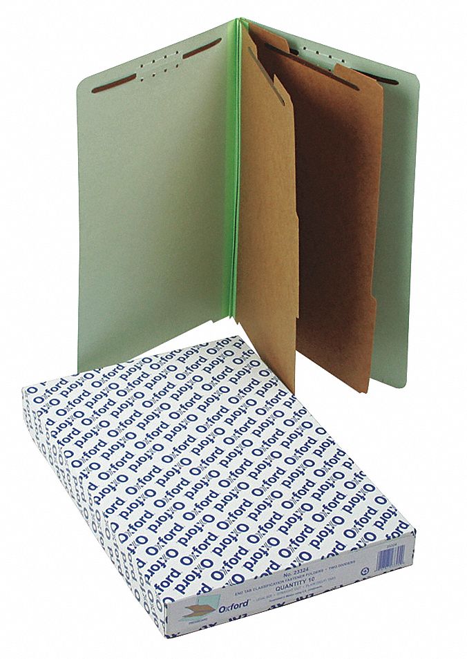 File Folders: 8 1/2 in Ht, 14 in Wd, Green, Pressboard, Top Tab Location, 10 PK
