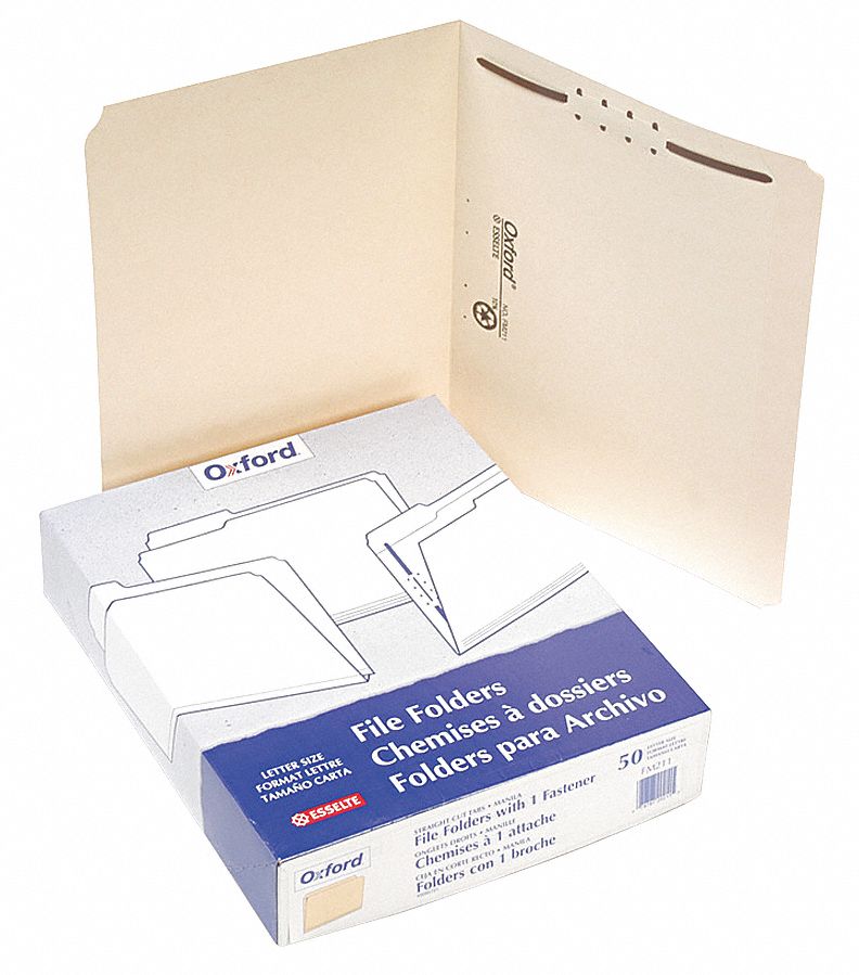 File Folders: 8 1/2 in Ht, 11 in Wd, Manila, Manila, Top Tab Location, 50 PK