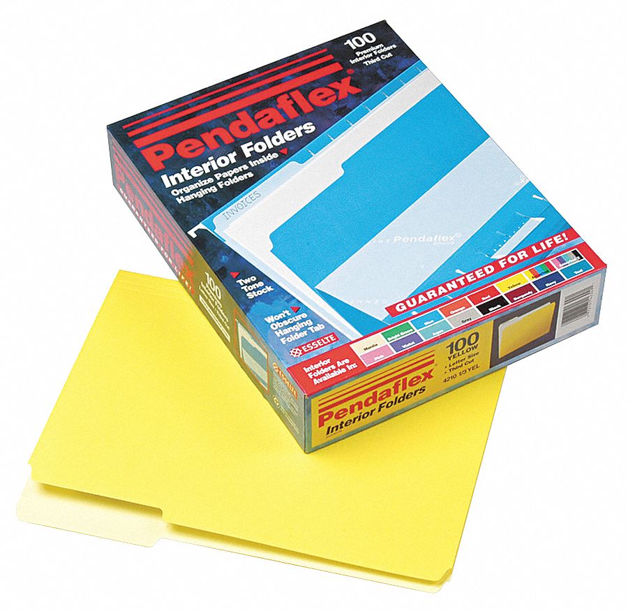 File Folders: 8 1/2 in Ht, 11 in Wd, Yellow, 11 pt. Stock, Top Tab Location, 100 PK