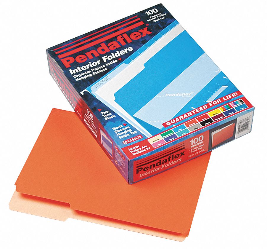 File Folders: 8 1/2 in Ht, 11 in Wd, Orange, 11 pt. Stock, Top Tab Location, 100 PK