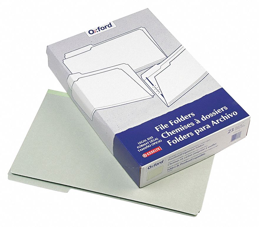 File Folders: 8 1/2 in Ht, 14 in Wd, Green, 25 pt. Pressboard, 25 PK