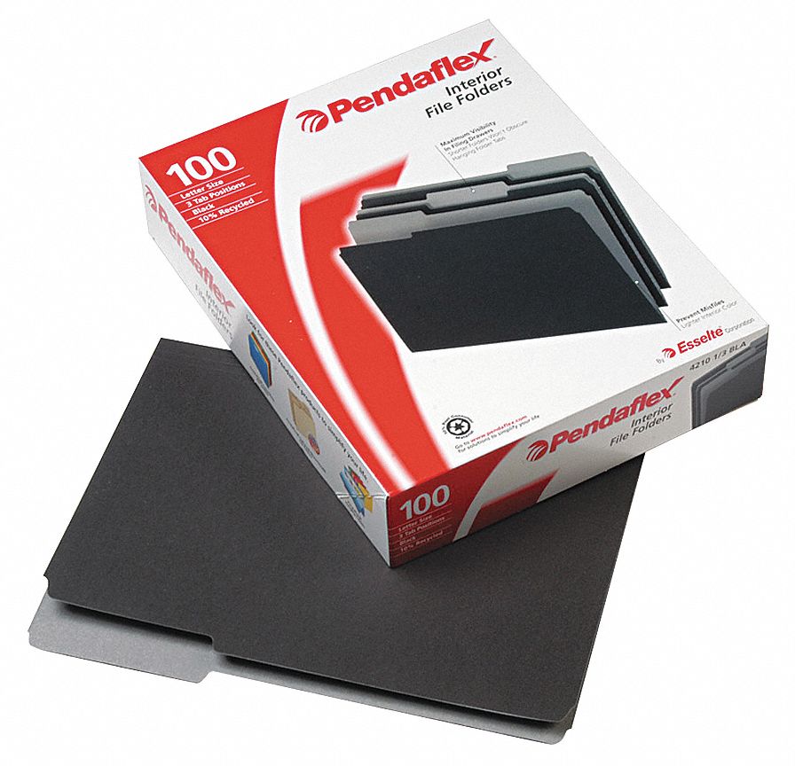 File Folders: 8 1/2 in Ht, 11 in Wd, Black, 11 pt. Stock, Top Tab Location, 100 PK