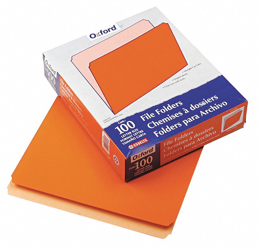 File Folders: 8 1/2 in Ht, 11 in Wd, Orange, 11 pt. Stock, Top Tab Location, 100 PK