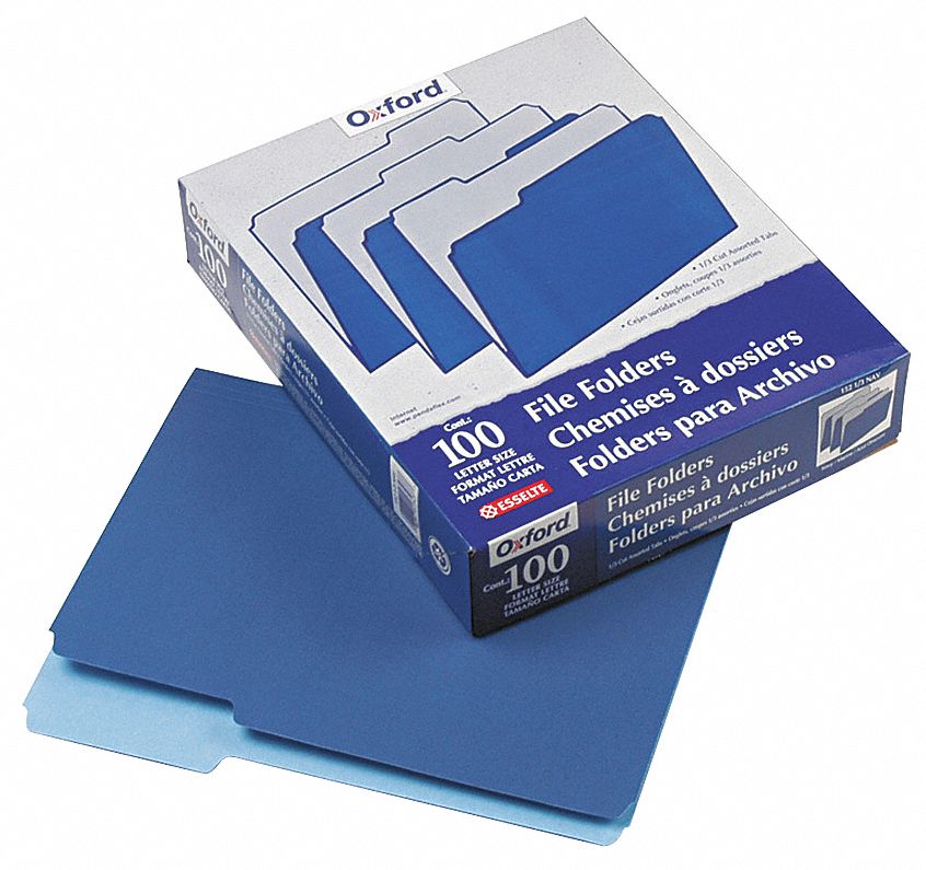 File Folders: 8 1/2 in Ht, 11 in Wd, Blue, 11 pt. Stock, Top Tab Location, 100 PK