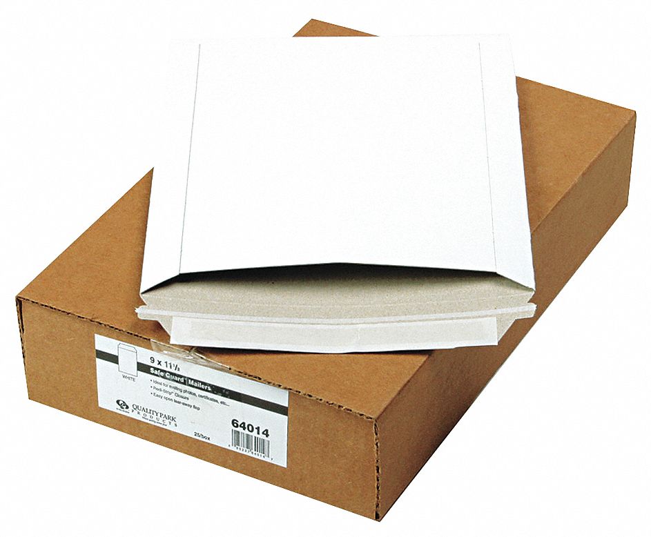 Photo/Document Envelope: Self Adhesive, Fiberboard, White, 9 in Ht, 11 1/2 in Wd, 25 PK