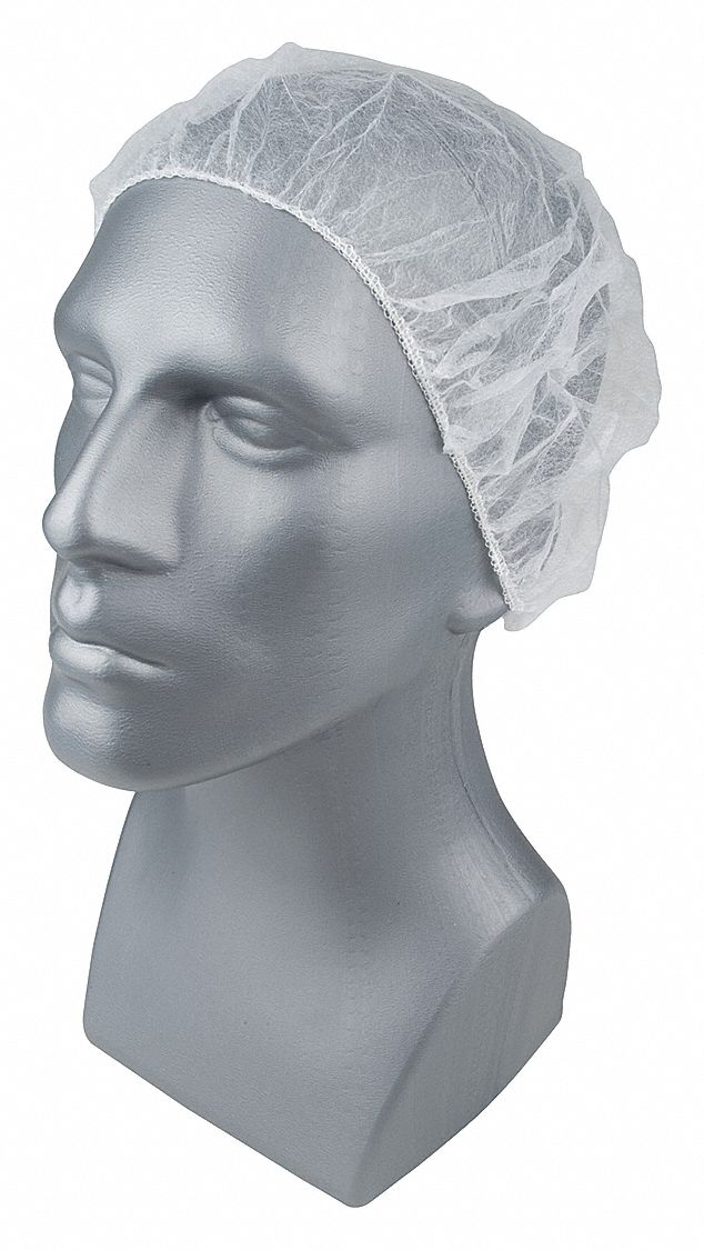 Bouffant Cap: Gen Use, Polypropylene, Flat Bouffant, White, 18 in Dia, Case, 1, 000 PK