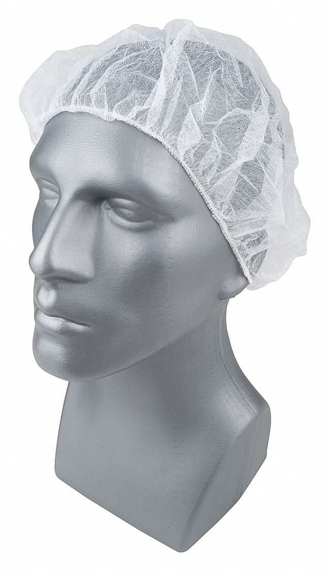 Bouffant Cap: Gen Use, Polypropylene, Flat Bouffant, White, 21 in Dia, Bag, 100 PK