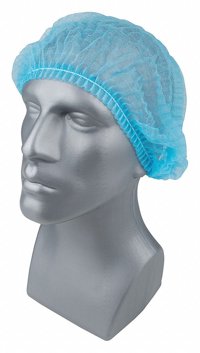 Bouffant Cap: Gen Use, Polypropylene, Pleated Bouffant, Blue, 24 in Dia, Bag, 100 PK
