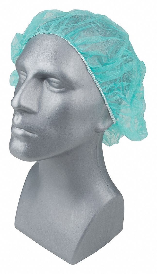Bouffant Cap: Gen Use, Polypropylene, Flat Bouffant, Green, 24 in Dia, Case, 1, 000 PK