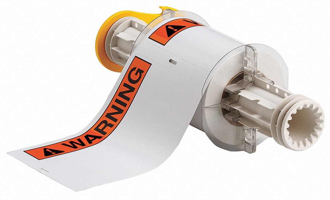 PRECUT LABEL ROLL, WARNING, WARNING HEADER, 4 IN X 6 IN, VINYL, INDOOR/OUTDOOR, 95 LABELS, WHITE/ORANGE/BLACK