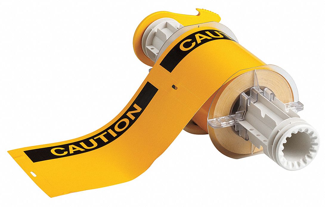 Pre-Cut Label Stock Roll: Caution, CAUTION Header, 4 in x 6 in, 6 in x 4 in, Vinyl, Yellow