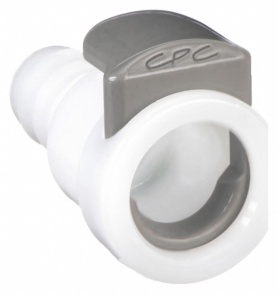 INLINE COUPLER: ACETAL, ⅜ IN, COUPLER X BARBED, FLOW-THROUGH, 1 11/32 IN L, WHITE, APC