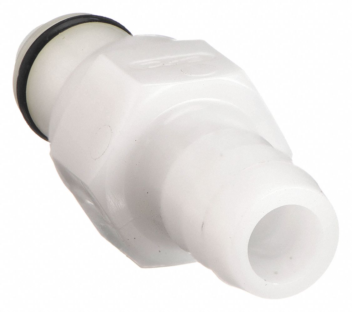 INLINE INSERT: ACETAL, ¼ IN, BARBED X INSERT, SHUT-OFF, 2 IN OVERALL LG, WHITE, PLC