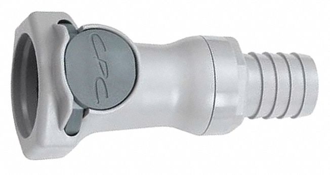 COUPLER: POLYPROPYLENE, ⅜ IN, BARBED X COUPLER, FLOW-THROUGH, 2 25/32 IN L, GREY, HFC