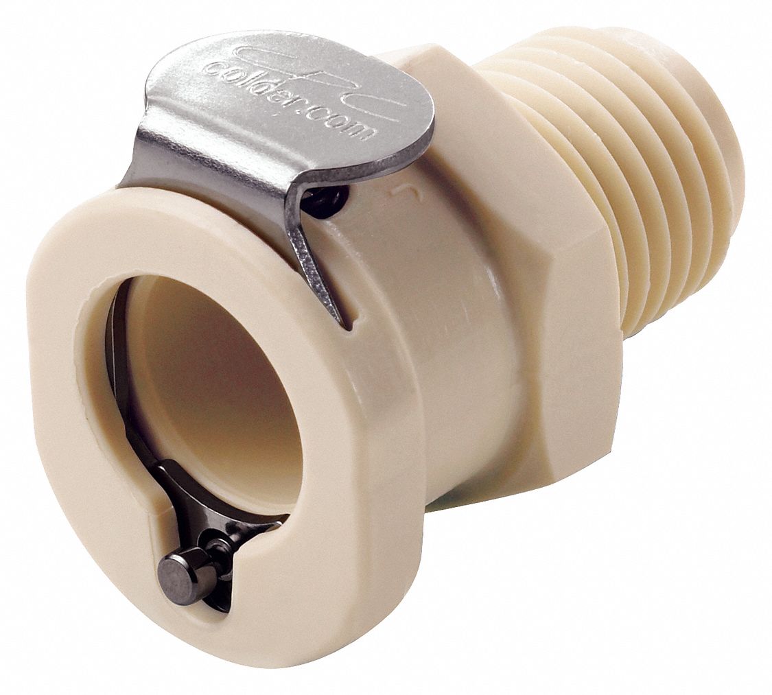Quick Connection Coupling: Straight, 1/4 in Pipe Size, NPT x MNPT, Polypropylene, Almond
