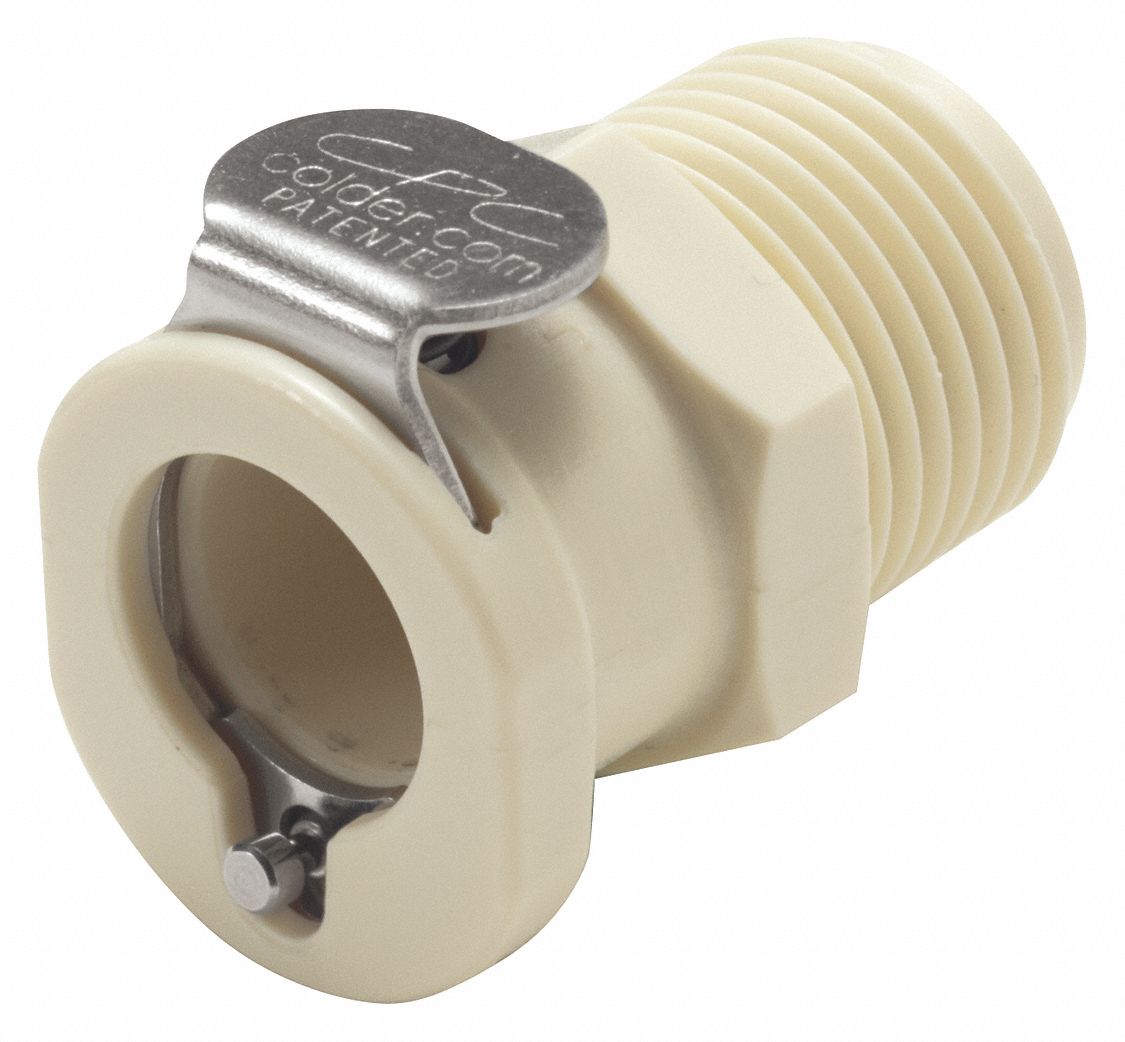 Quick Connection Coupling: Straight, 3/8 in Pipe Size, NPT x MNPT, Polypropylene, Almond