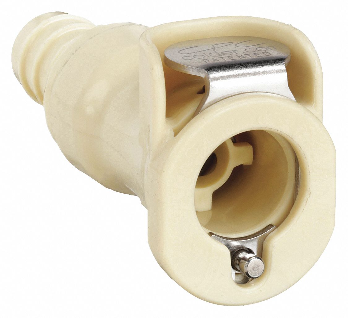 COUPLER: POLYPROPYLENE, ⅜ IN, BARBED X COUPLER, SHUT-OFF, 1 15/16 IN L, ALMOND, PLC