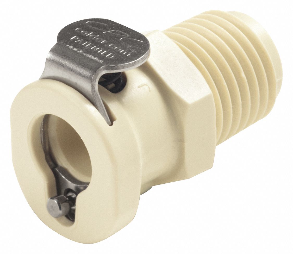 COUPLER: POLYPROPYLENE, ¼ IN PIPE SIZE, COUPLER X MNPT, SHUT-OFF, 1 IN L, ALMOND, PMC12